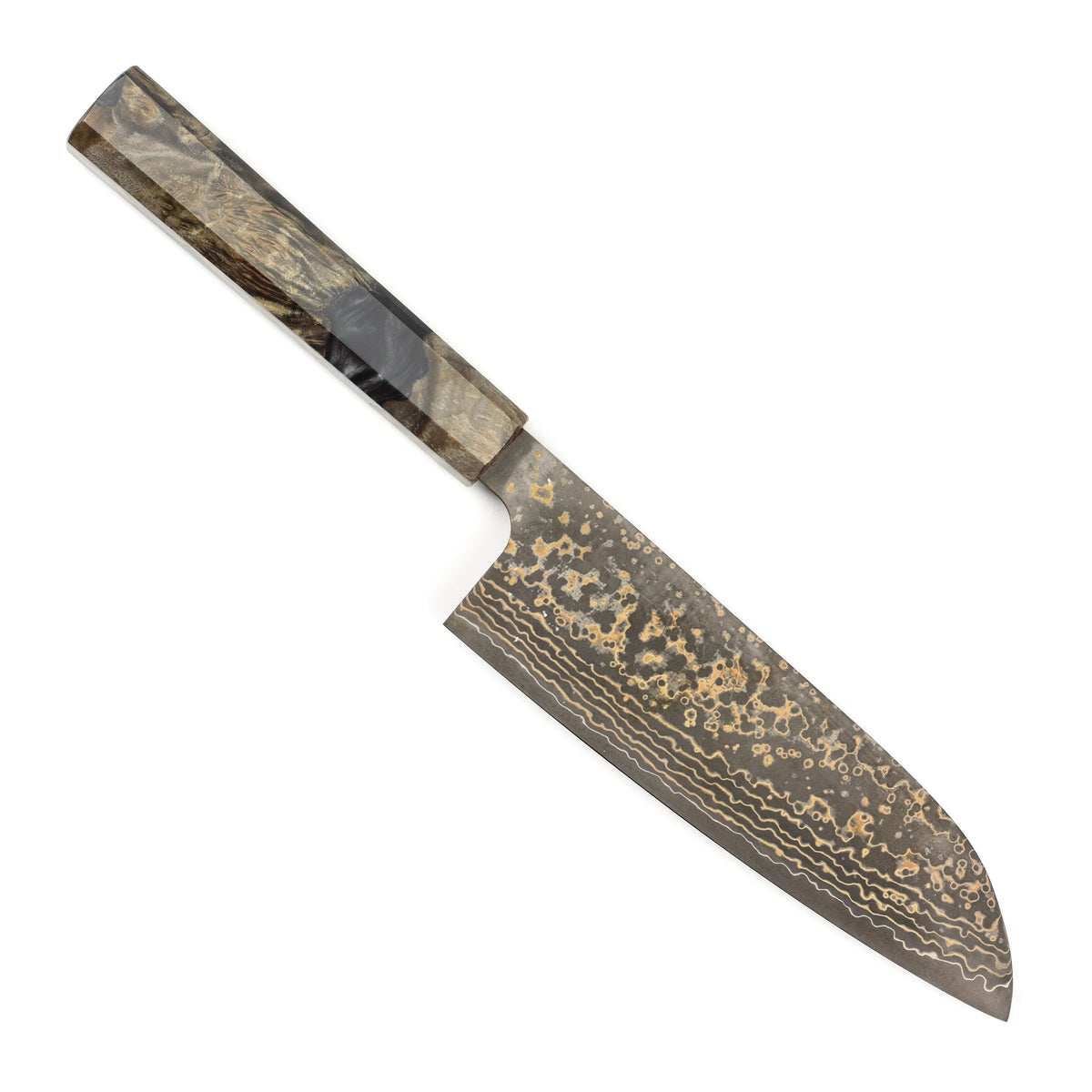 Saji Black Gold Damascus 6.5" Santoku, Stabilized Birch