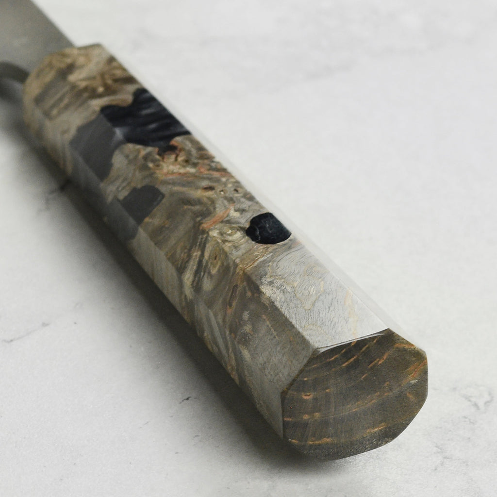 Hatsukokoro Shinkiro Aogami Super Kurouchi Damascus 9.4" Kiritsuke, Stabilized Birch