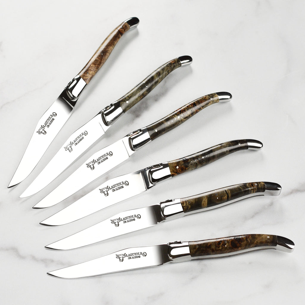Laguiole en Aubrac 6 Piece Stainless Steel Steak Knife Set with Black Poplar Burl Wood Handles