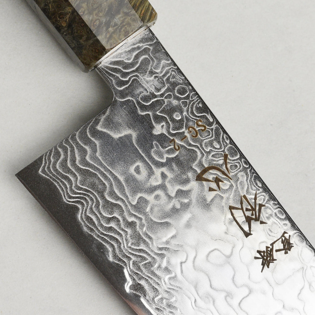 Hatsukokoro Ryuhyo SG2 Damascus 9.4" Gyuto, Stabilized Birch