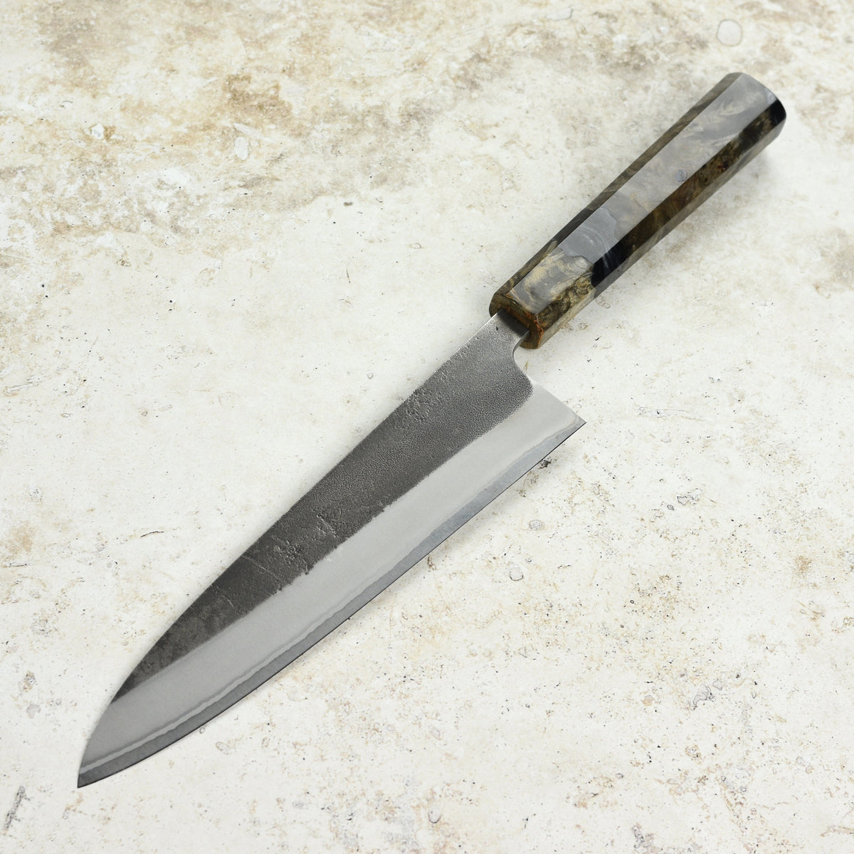 Yoshikane Shirogami #2 Kurouchi Stainless Clad 8.25" Gyuto, Stabilized Birch