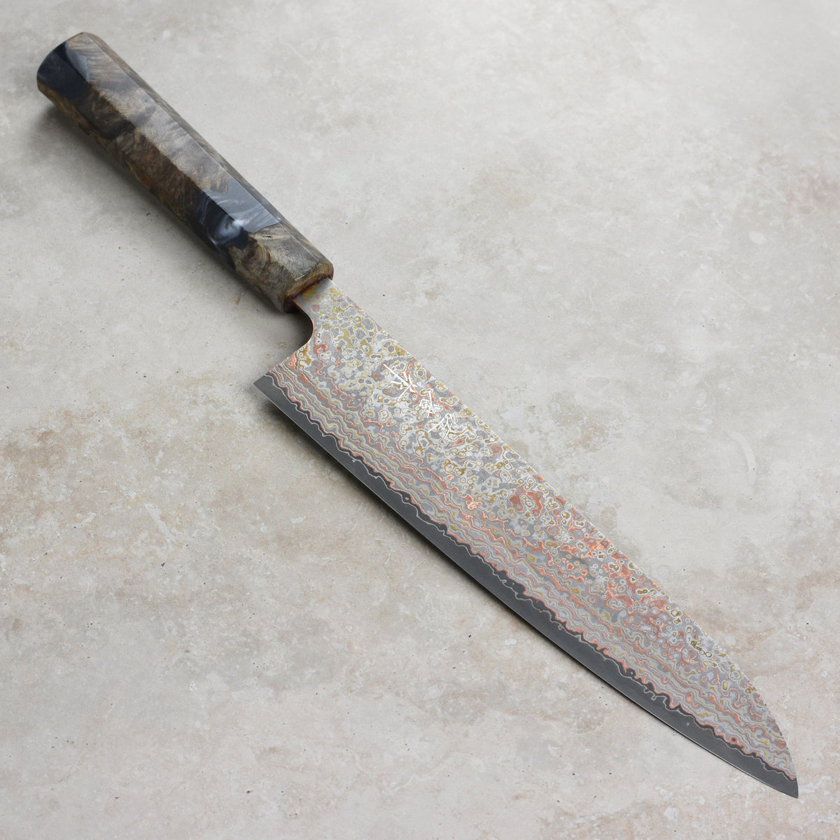 Saji Rainbow Damascus Nashiji 9.4" Gyuto, Stabilized Birch