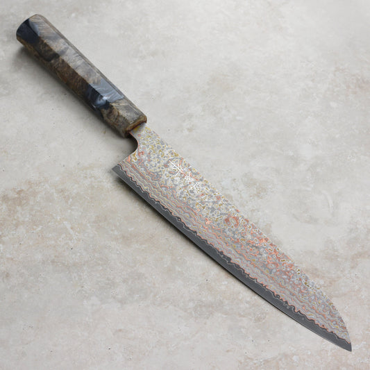 Saji Rainbow Damascus Nashiji 9.4" Gyuto, Stabilized Birch