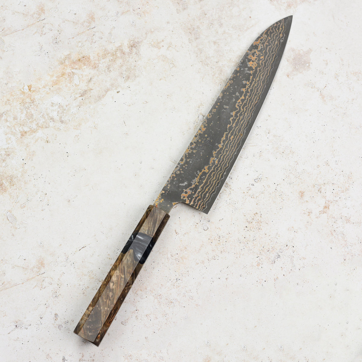 Saji Black Gold Damascus 8.25" Gyuto, Stabilized Birch