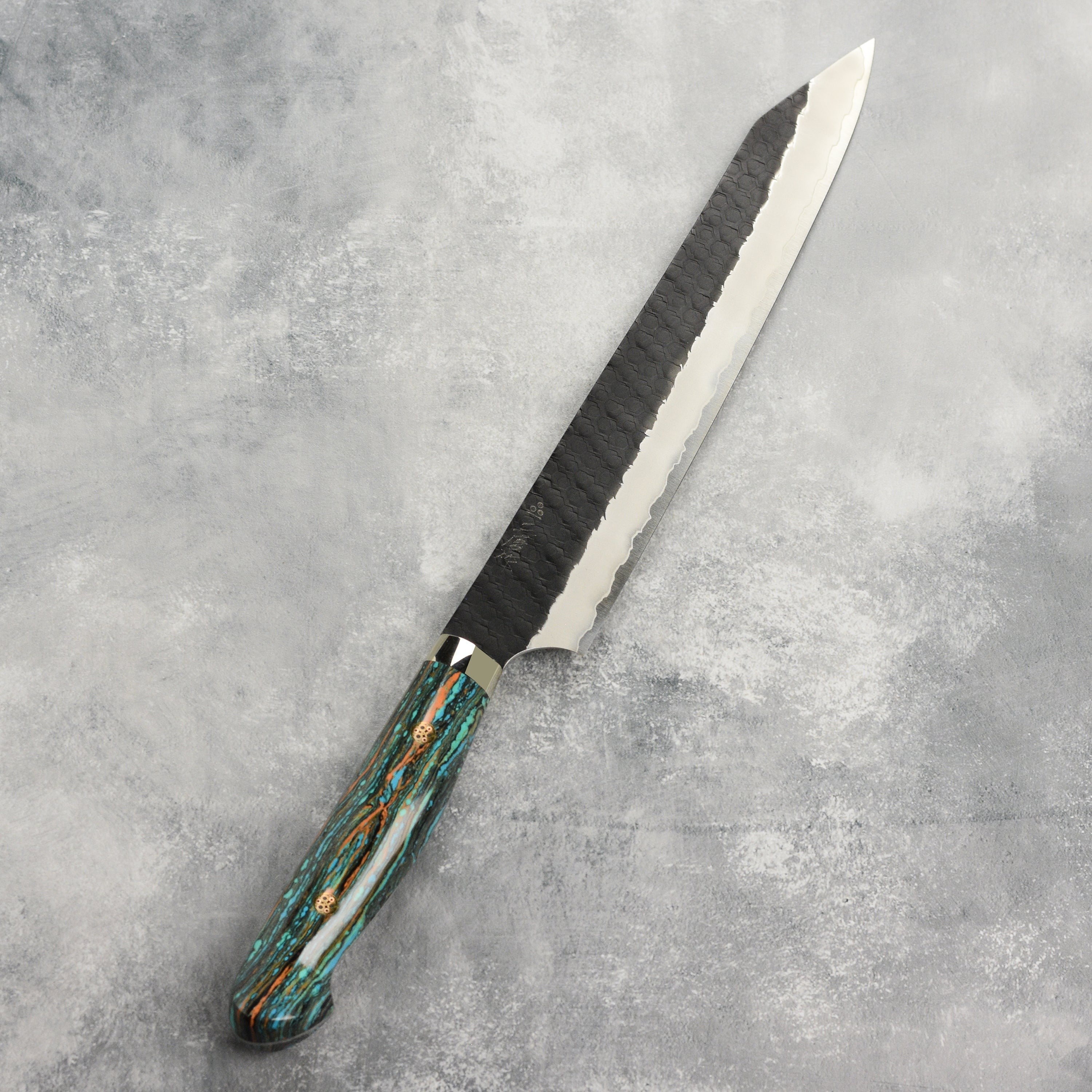 Nigara SG2 Kurouchi Tsuchime 10" Kiritsuke Sujihiki, Striped Turquoise