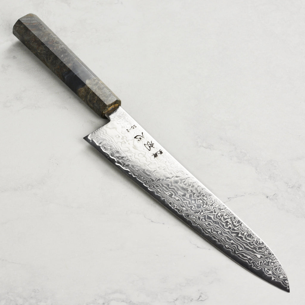 Hatsukokoro Ryuhyo SG2 Damascus 9.4" Gyuto, Stabilized Birch
