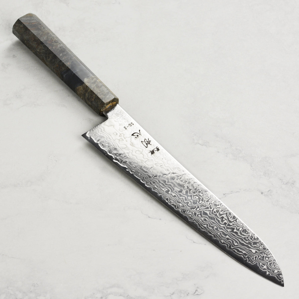 Hatsukokoro Ryuhyo SG2 Damascus 9.4" Gyuto, Stabilized Birch