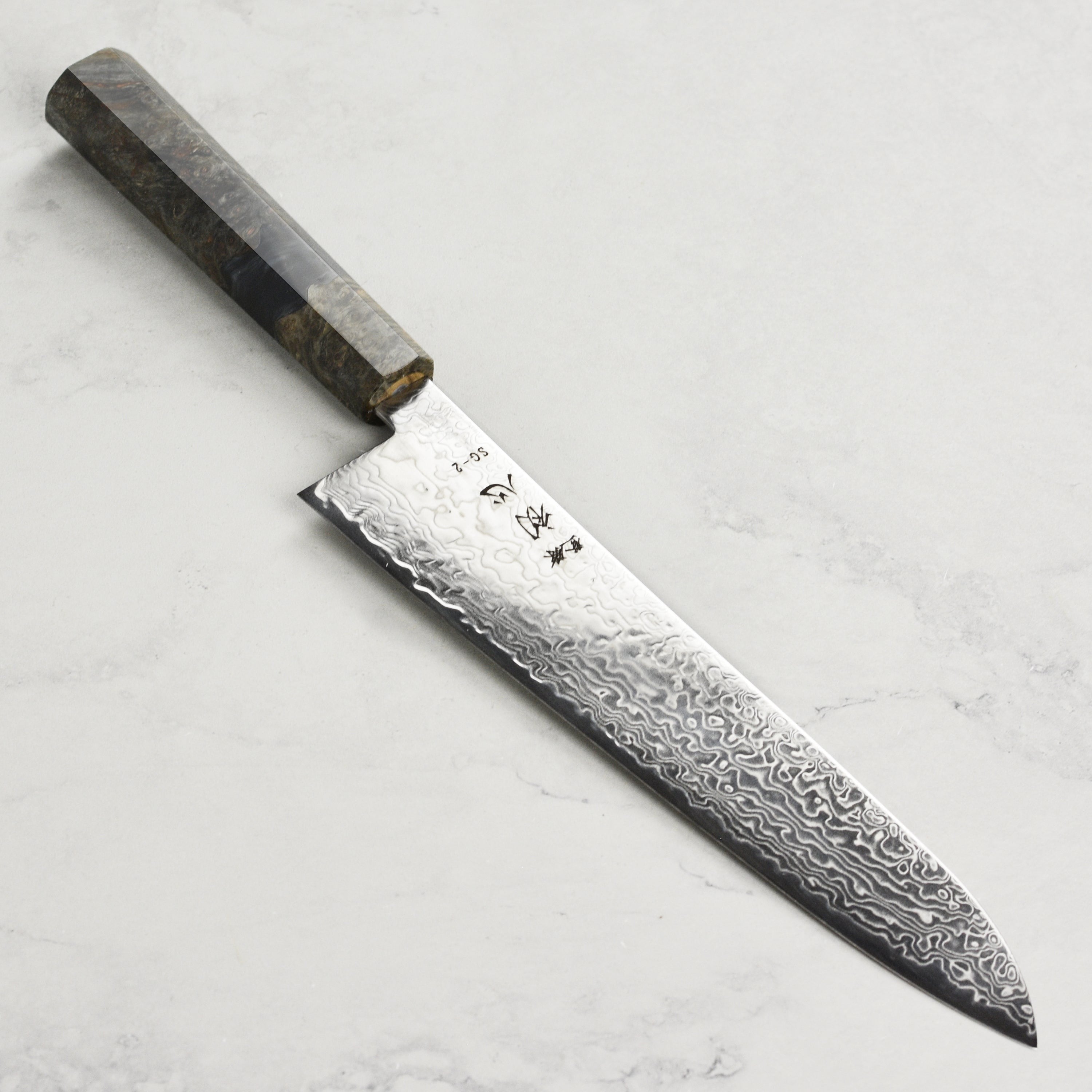 Hatsukokoro Ryuhyo SG2 Damascus 9.4" Gyuto, Stabilized Birch