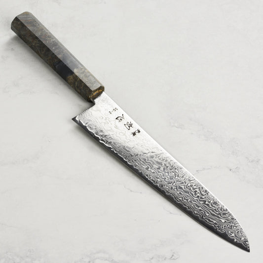 Hatsukokoro Ryuhyo SG2 Damascus 9.4" Gyuto, Stabilized Birch