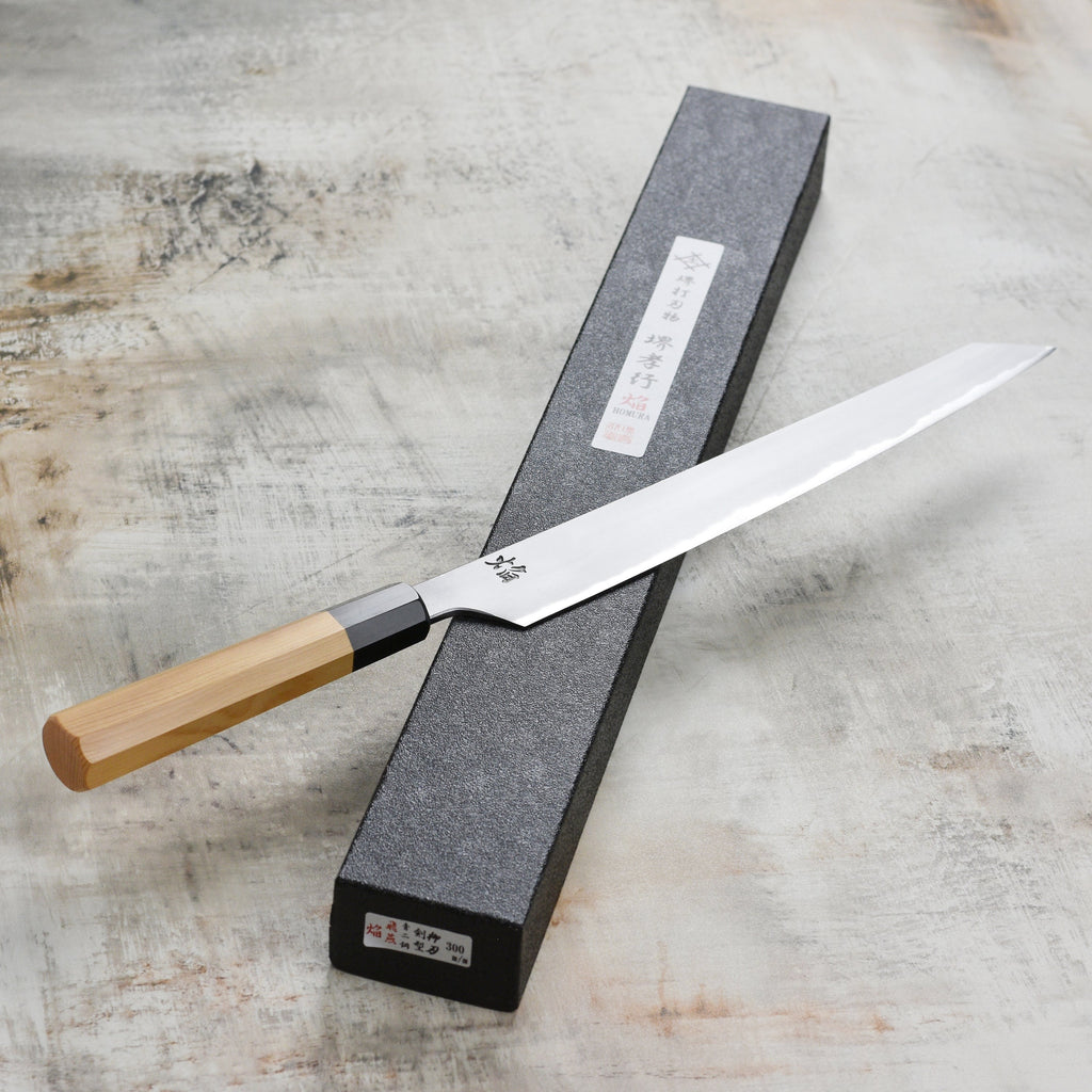 Takayuki x Itsuo Doi Homura Aogami #2 11.8" Kengata Yanagiba with Saya