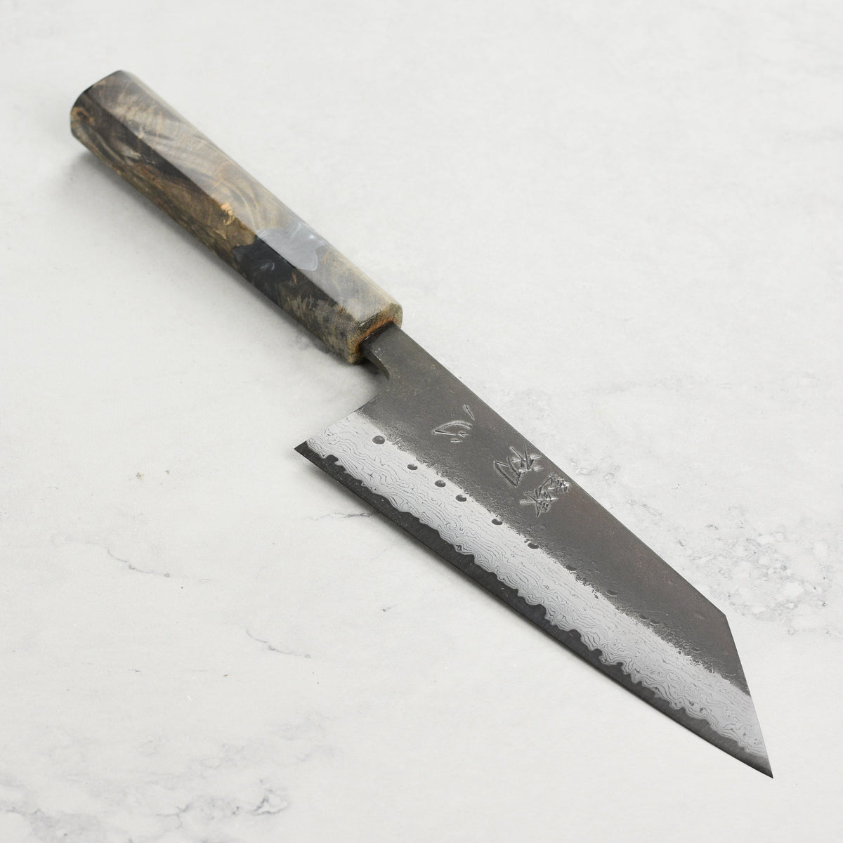Hatsukokoro Shinkiro Aogami Super Kurouchi Damascus 6.5" Bunka, Stabilized Birch