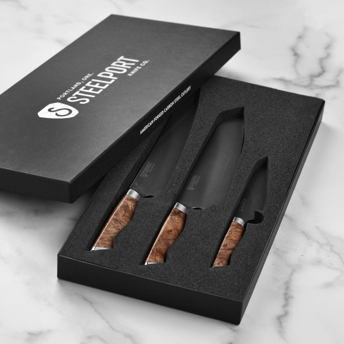 Steelport Carbon Steel 3 Piece Knife Set with Oregon Maple Magnetic Sheaths