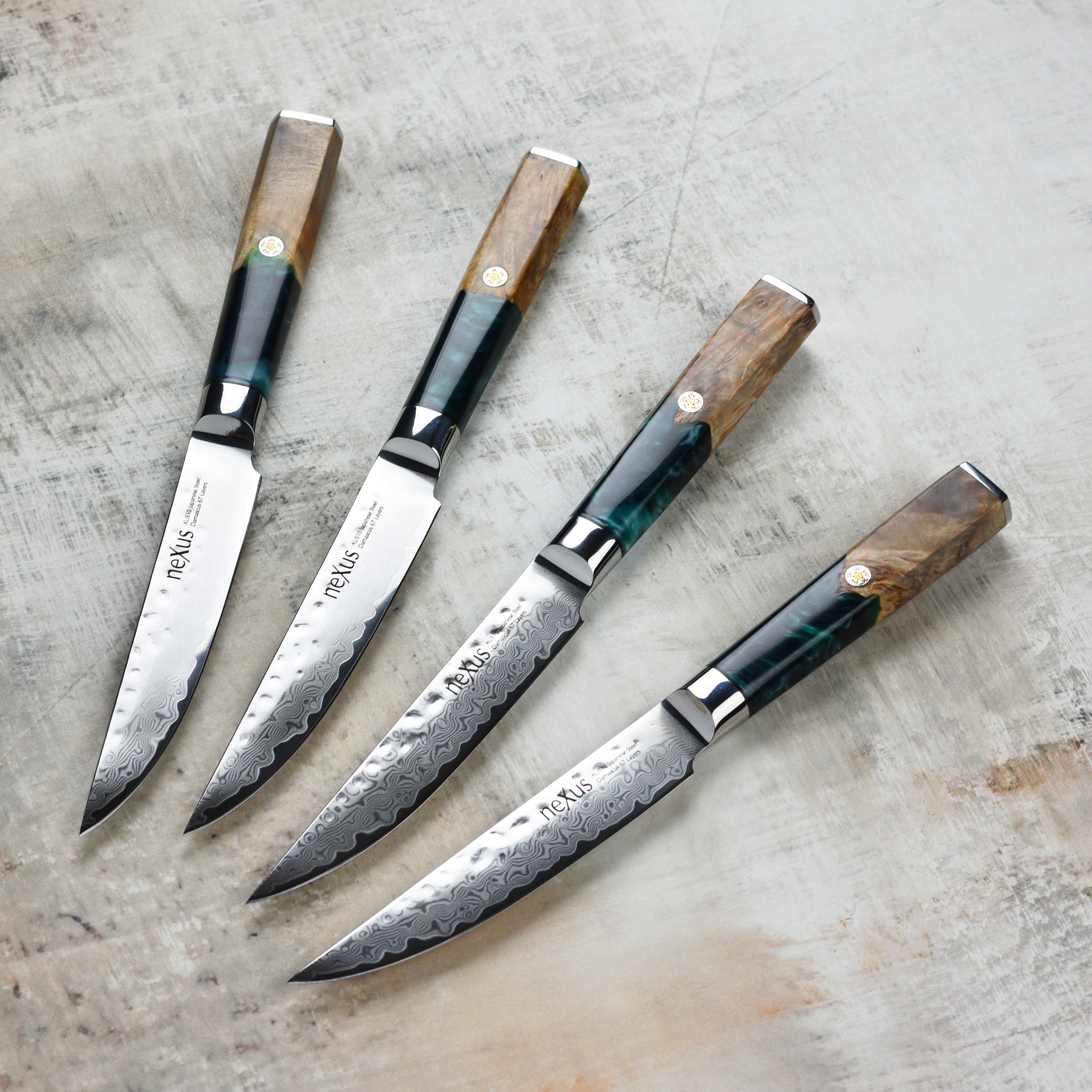 Nexus 4 Piece Damascus Steak Knife Set, Teal Resin & Stabilized Wood