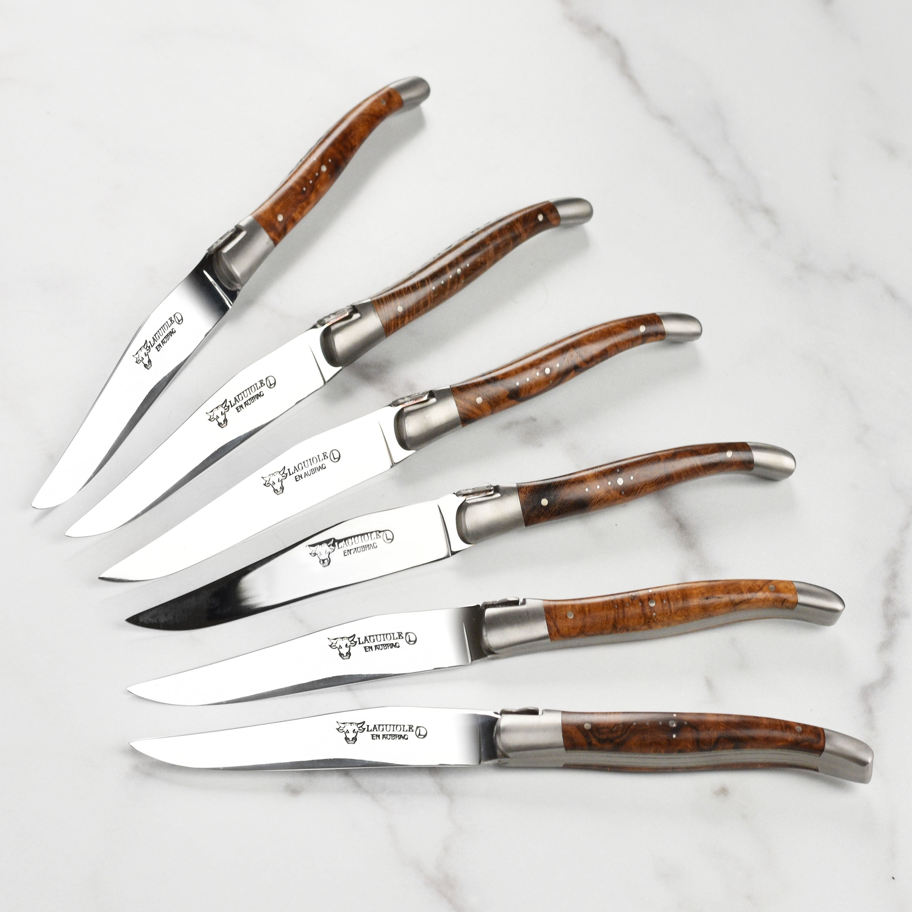 Laguiole en Aubrac 6 Piece Stainless Steel Steak Knife Set with Desert Iron Wood Burl Handles
