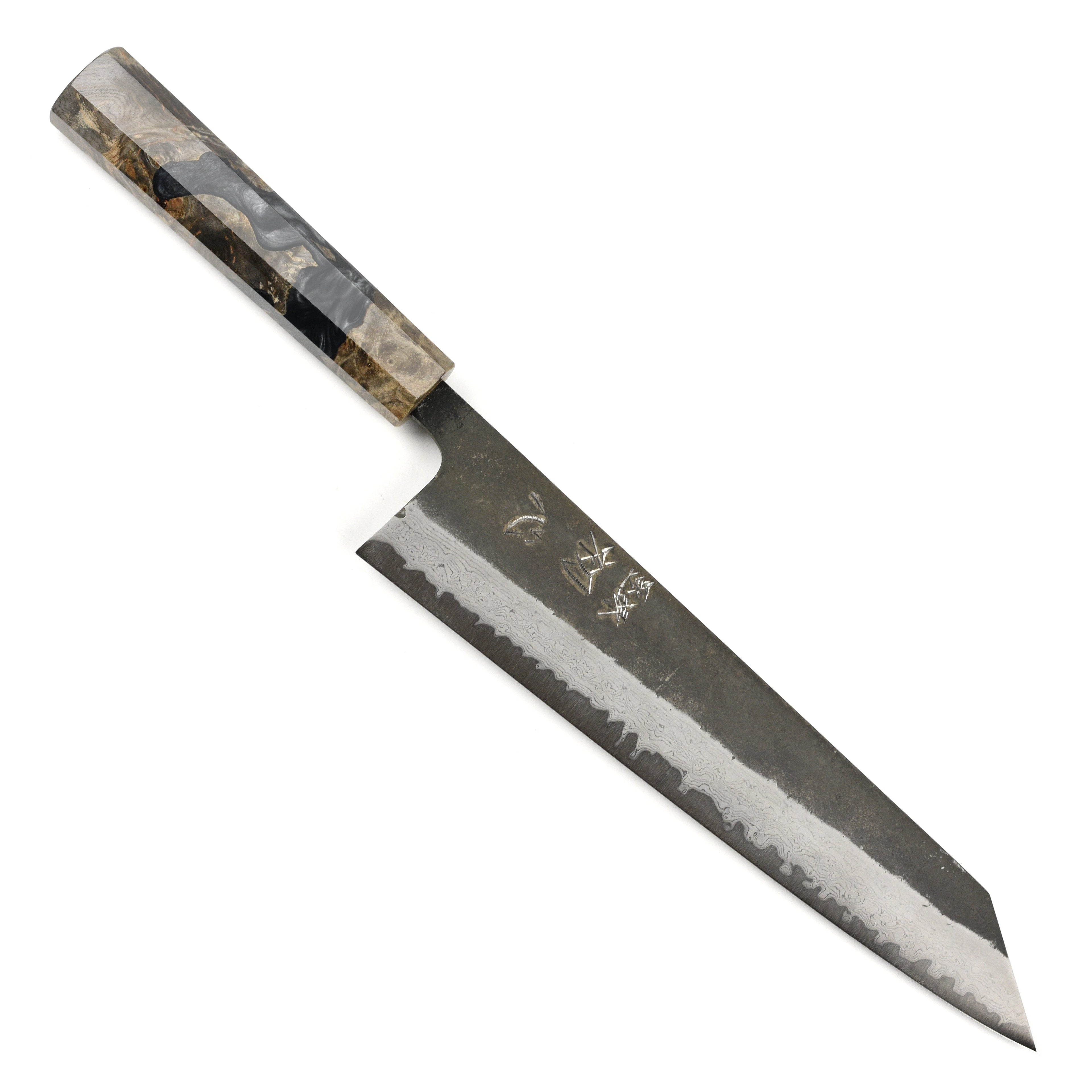 Hatsukokoro Shinkiro Aogami Super Kurouchi Damascus 9.4" Kiritsuke, Stabilized Birch