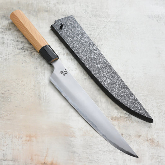 Takayuki x Itsuo Doi Homura Aogami #2 9.4" Sujihiki with Saya