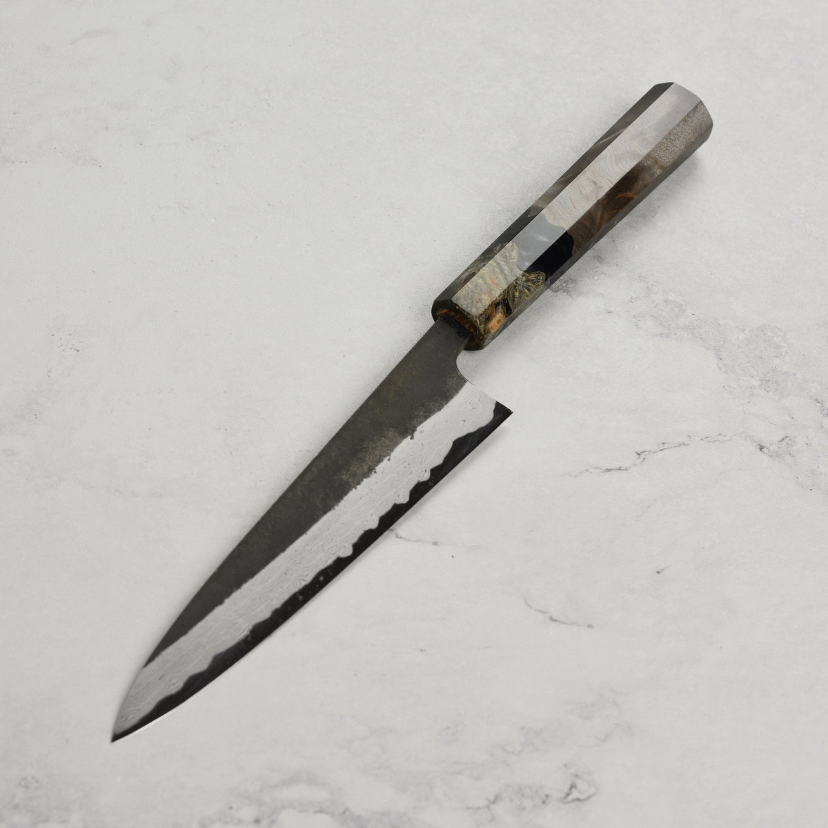 Hatsukokoro Shinkiro Aogami Super Kurouchi Damascus 5.9" Petty, Stabilized Birch