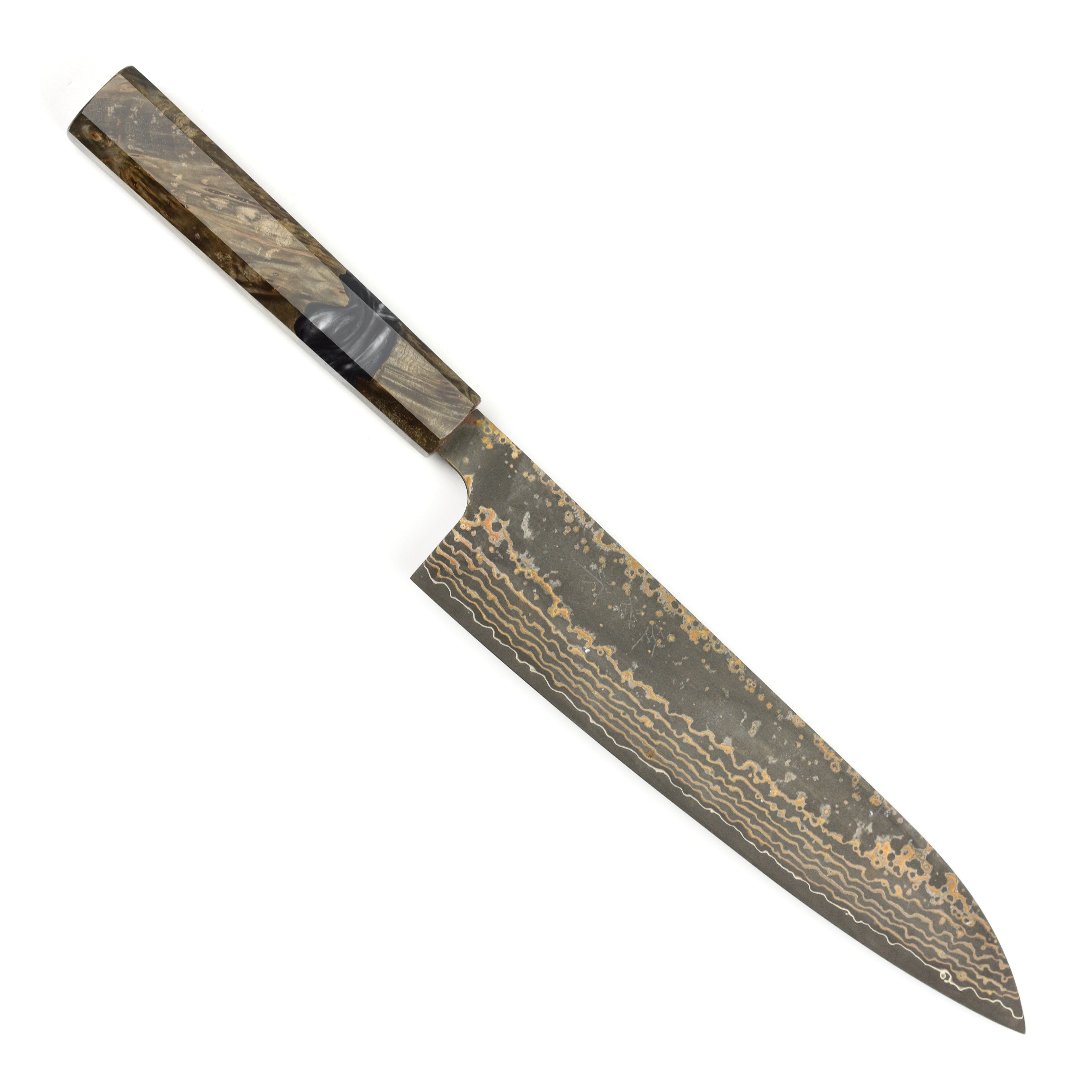 Saji Black Gold Damascus 8.25" Gyuto, Stabilized Birch