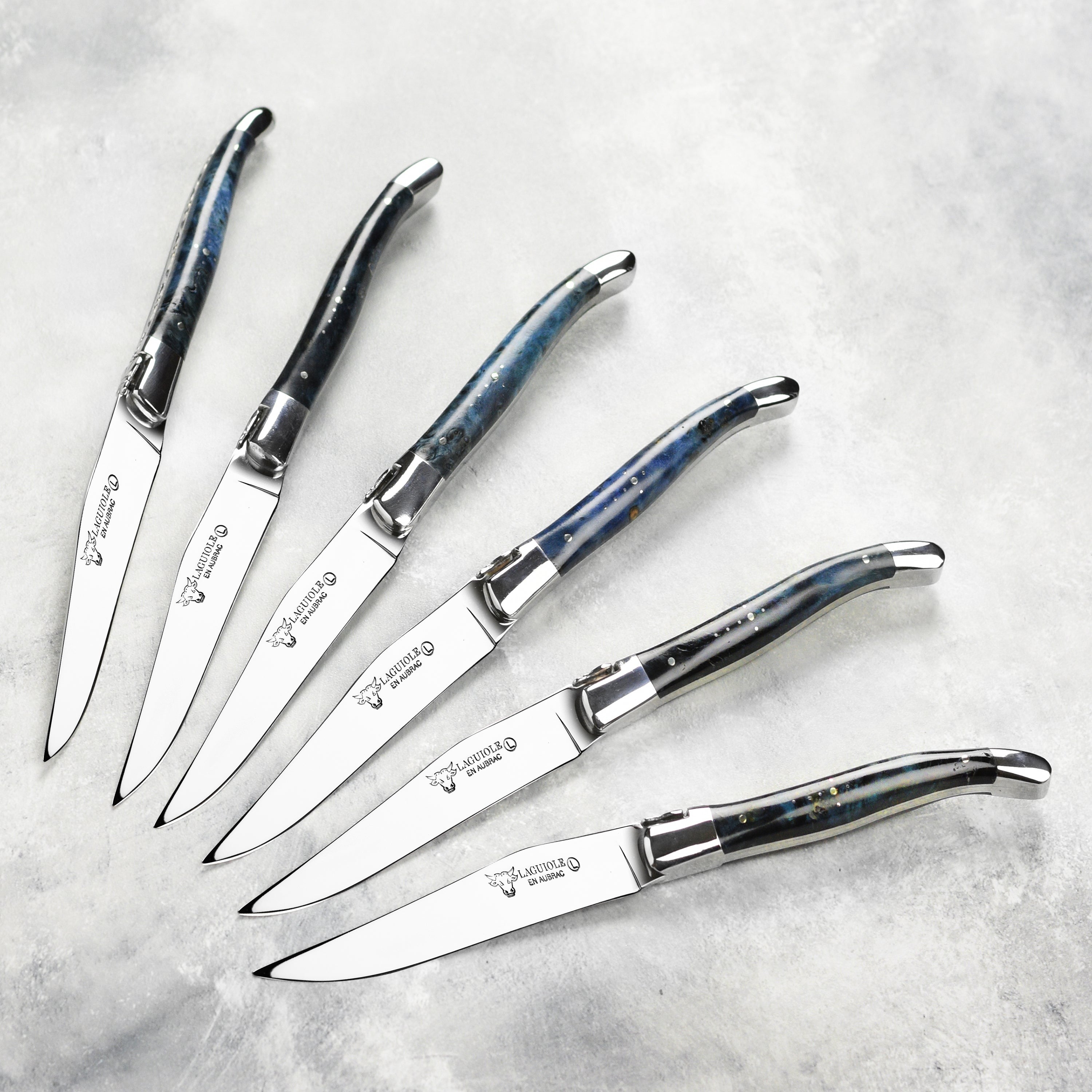 Laguiole en Aubrac 6 Piece Stainless Steel Steak Knife Set with Blue Poplar Burl Handles