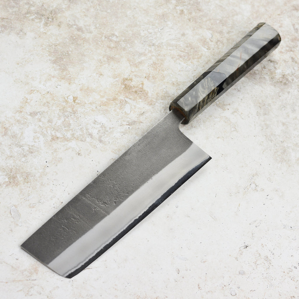 Yoshikane Shirogami #2 Kurouchi Stainless Clad 6.5" Nakiri, Stabilized Birch