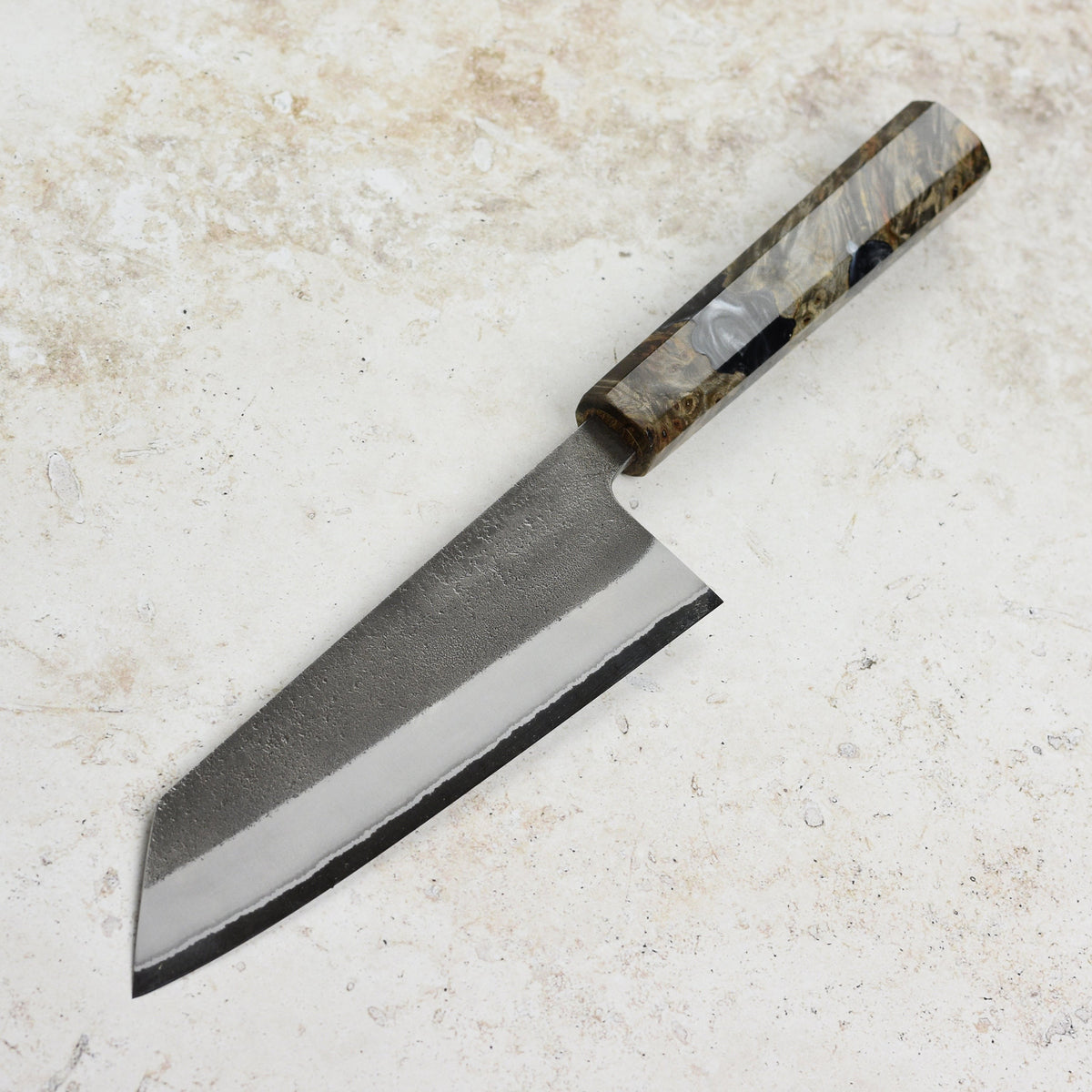 Yoshikane Shirogami #2 Kurouchi Stainless Clad 6.5" Bunka, Stabilized Birch