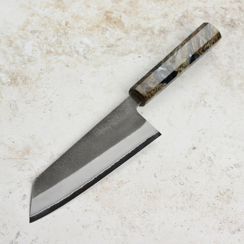 Yoshikane Shirogami #2 Kurouchi Stainless Clad 6.5" Bunka, Stabilized Birch
