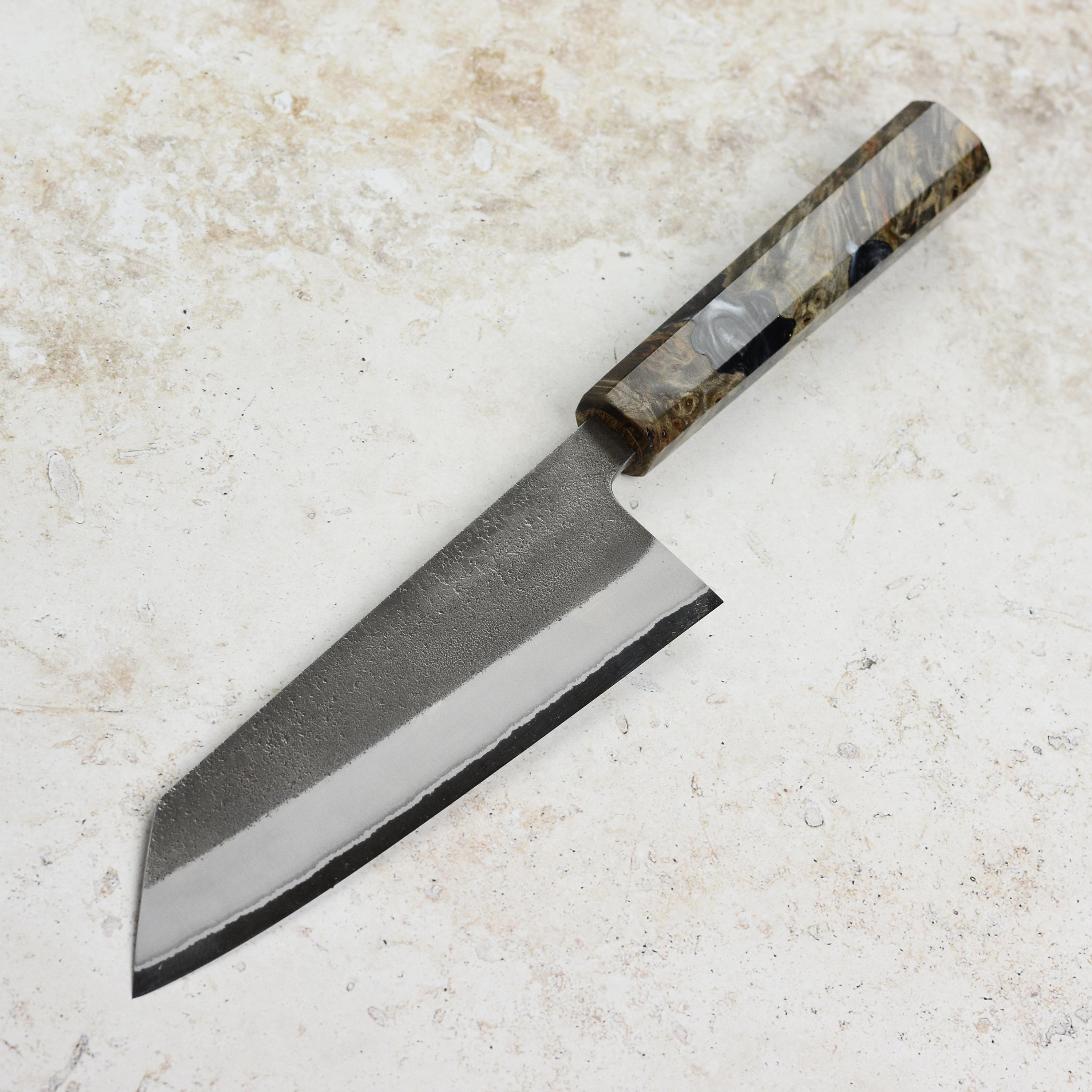 Yoshikane Shirogami #2 Kurouchi Stainless Clad 6.5" Bunka, Stabilized Birch
