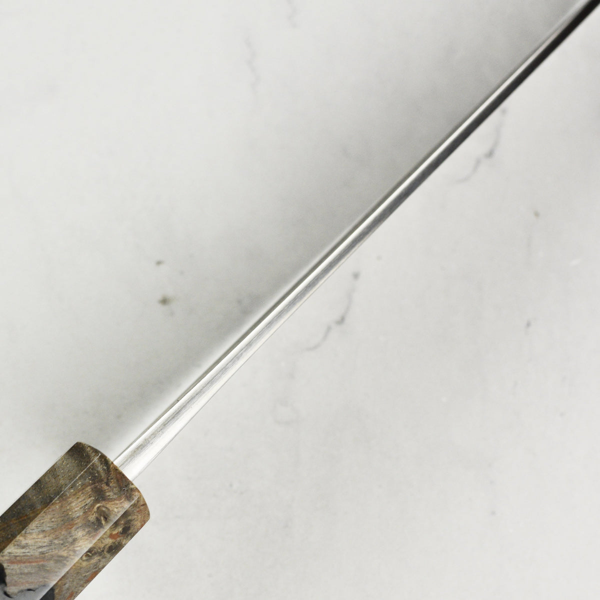 Yoshikane Shirogami #2 Kurouchi Stainless Clad 6.5" Santoku, Stabilized Birch