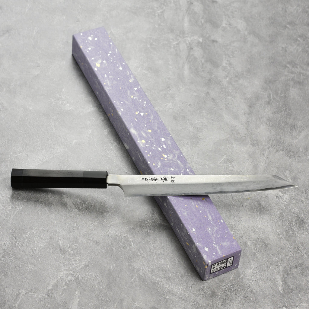 Takayuki Seiryu Aogami #2 Damascus Single-Bevel 10.6" Kengata Yanagiba with Saya