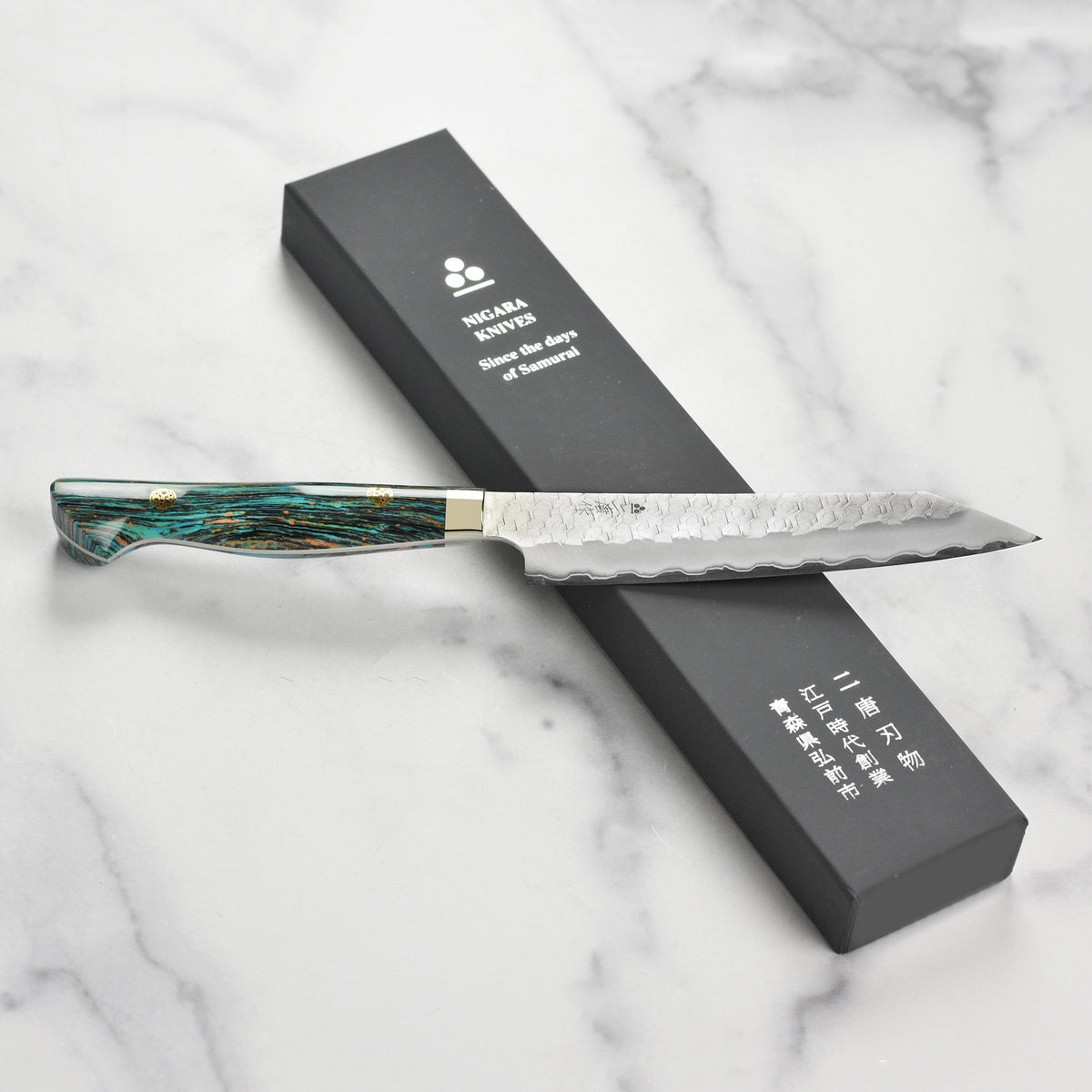 Nigara SG2 Migaki Tsuchime 5.9" Kiritsuke Petty, Striped Turquoise