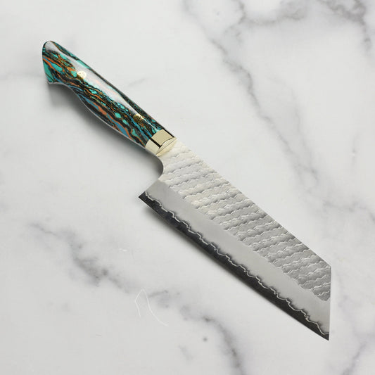 Nigara SG2 Migaki Tsuchime 7" Kiritsuke Nakiri, Marbled Turquoise