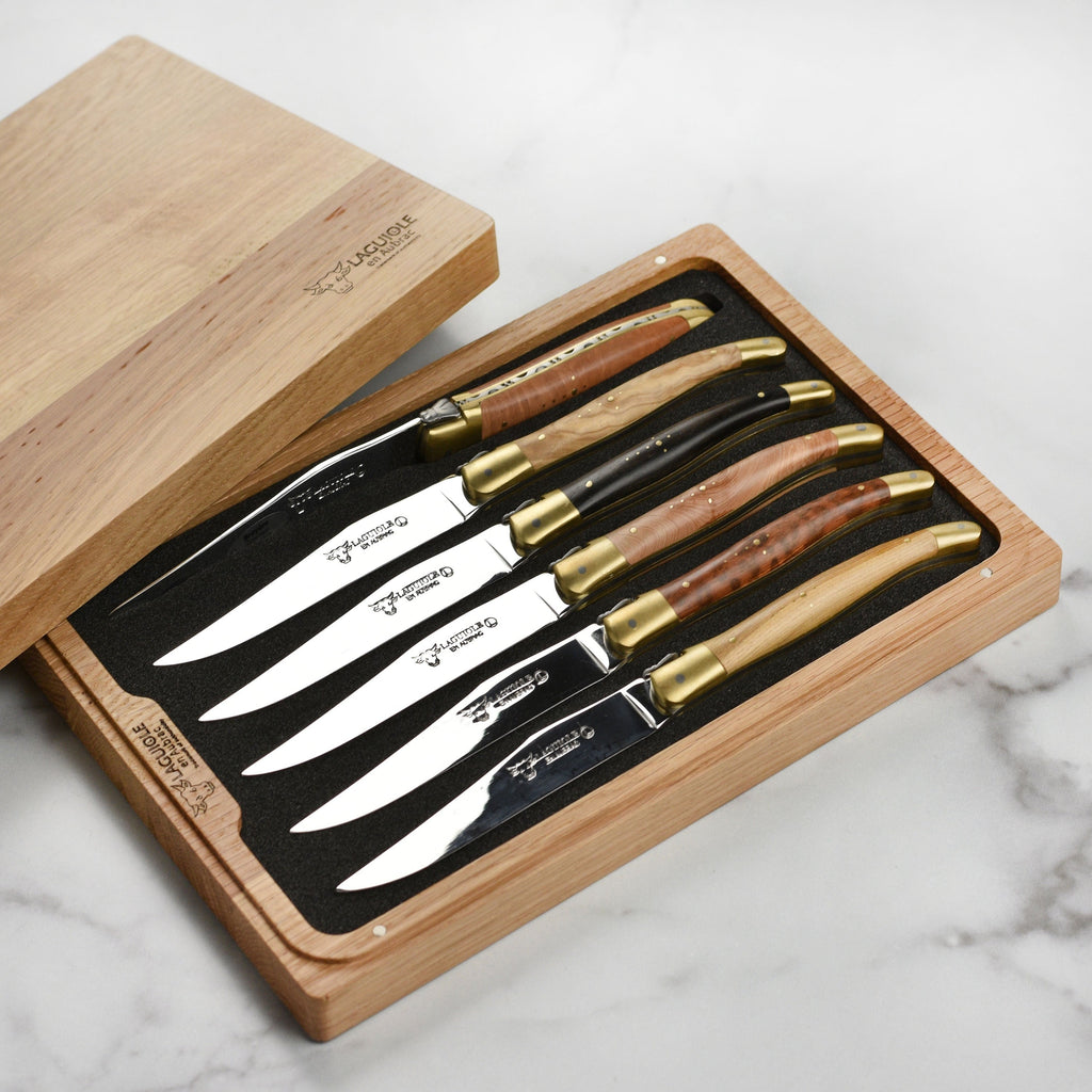 Laguiole en Aubrac 6 Piece Steak Knife Set with Burl Mixed Wood Handles & Brass Bolsters