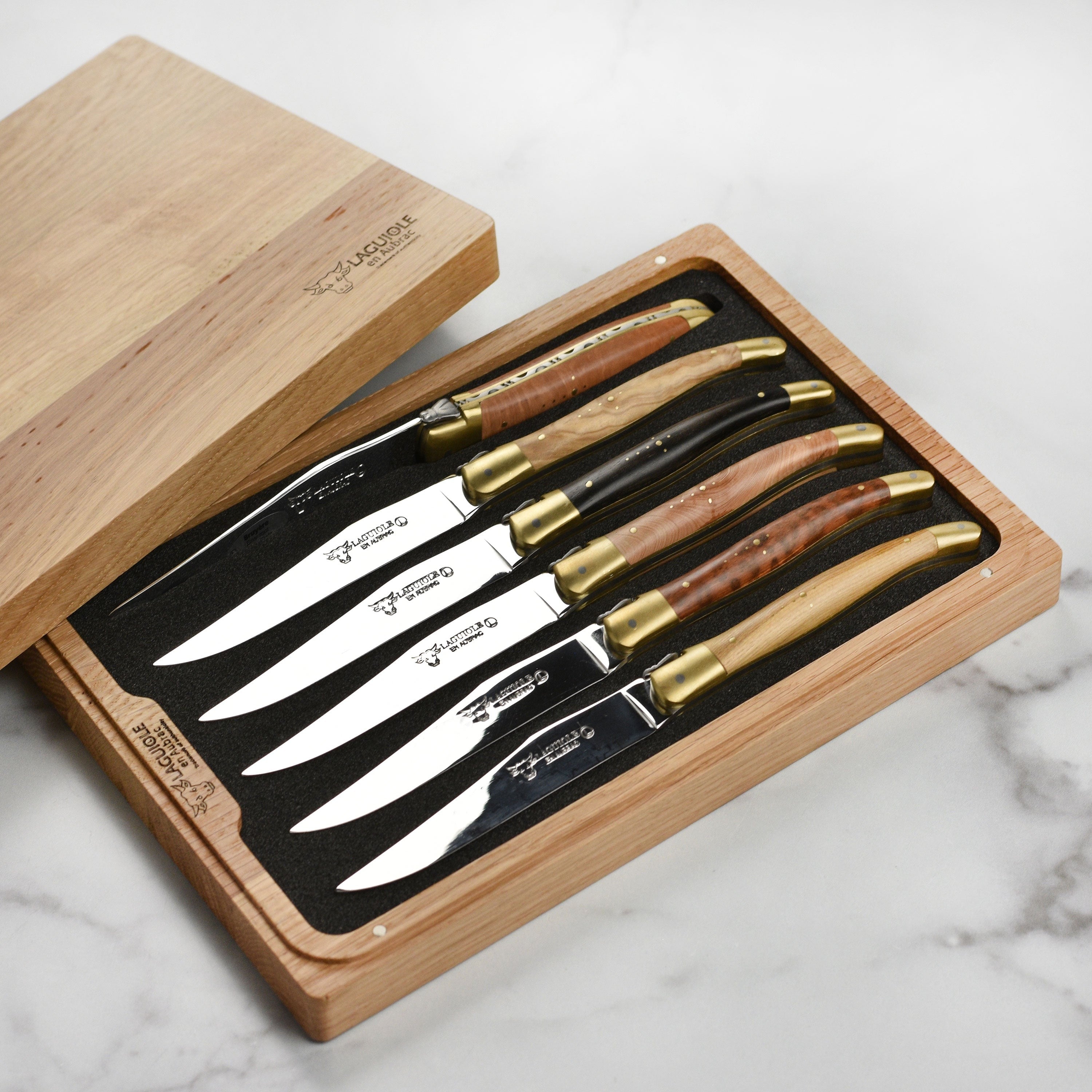 Laguiole en Aubrac 6 Piece Steak Knife Set with Burl Mixed Wood Handles & Brass Bolsters