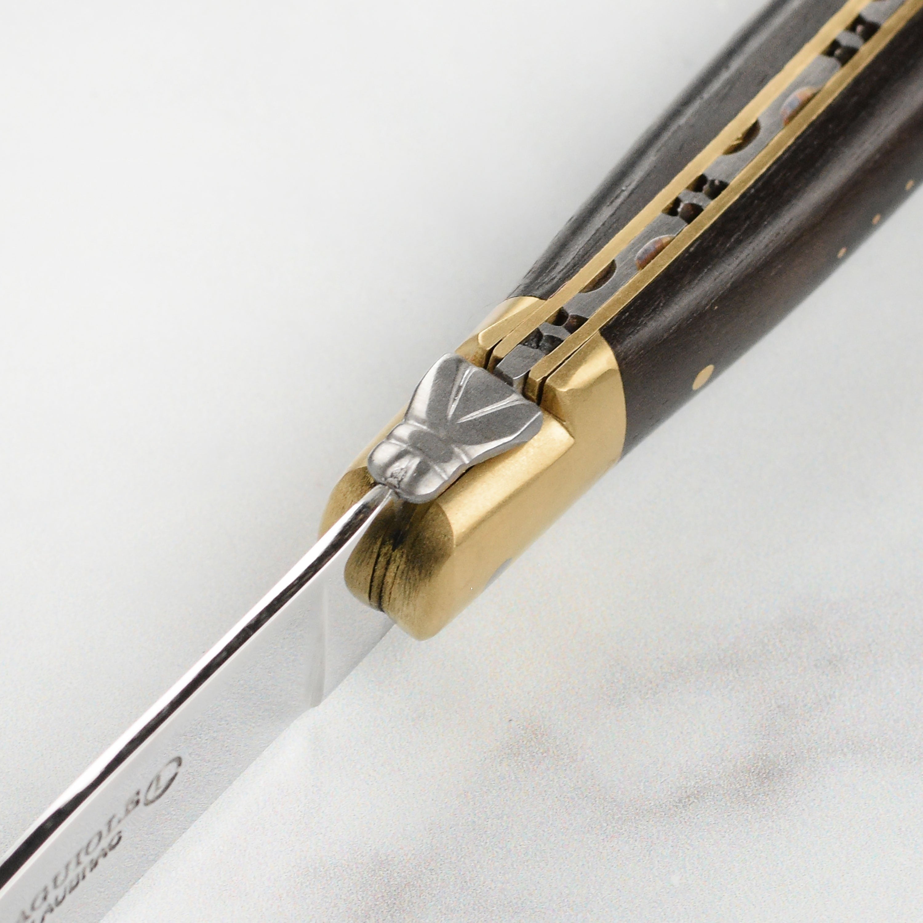 Laguiole en Aubrac 6 Piece Steak Knife Set with Burl Mixed Wood Handles & Brass Bolsters
