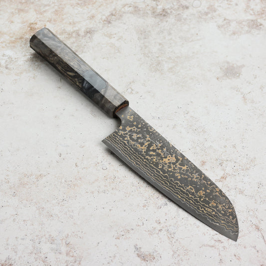 Saji Black Gold Damascus 6.5" Santoku, Stabilized Birch