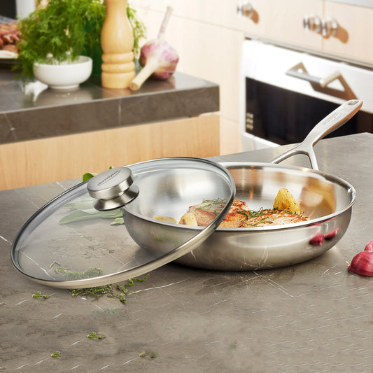 Demeyere 5-Plus 11" Stainless Steel Fry Pan with Glass Lid