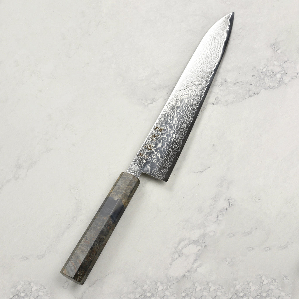 Hatsukokoro Ryuhyo SG2 Damascus 9.4" Gyuto, Stabilized Birch