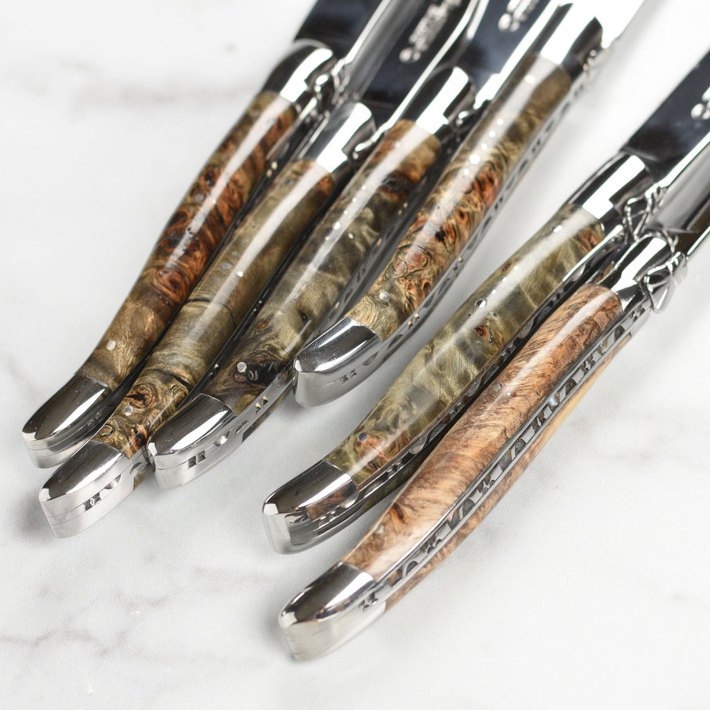 Laguiole en Aubrac 6 Piece Stainless Steel Steak Knife Set with Black Poplar Burl Wood Handles