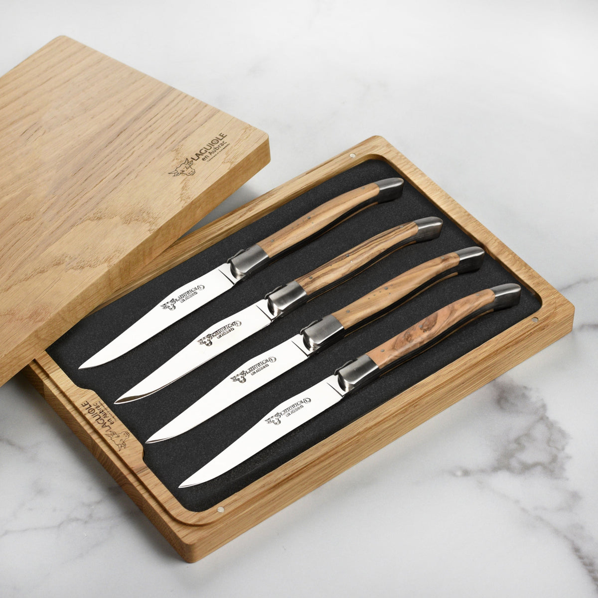 Laguiole en Aubrac 4 Piece Stainless Steel Steak Knife Set with Olive Wood Handles