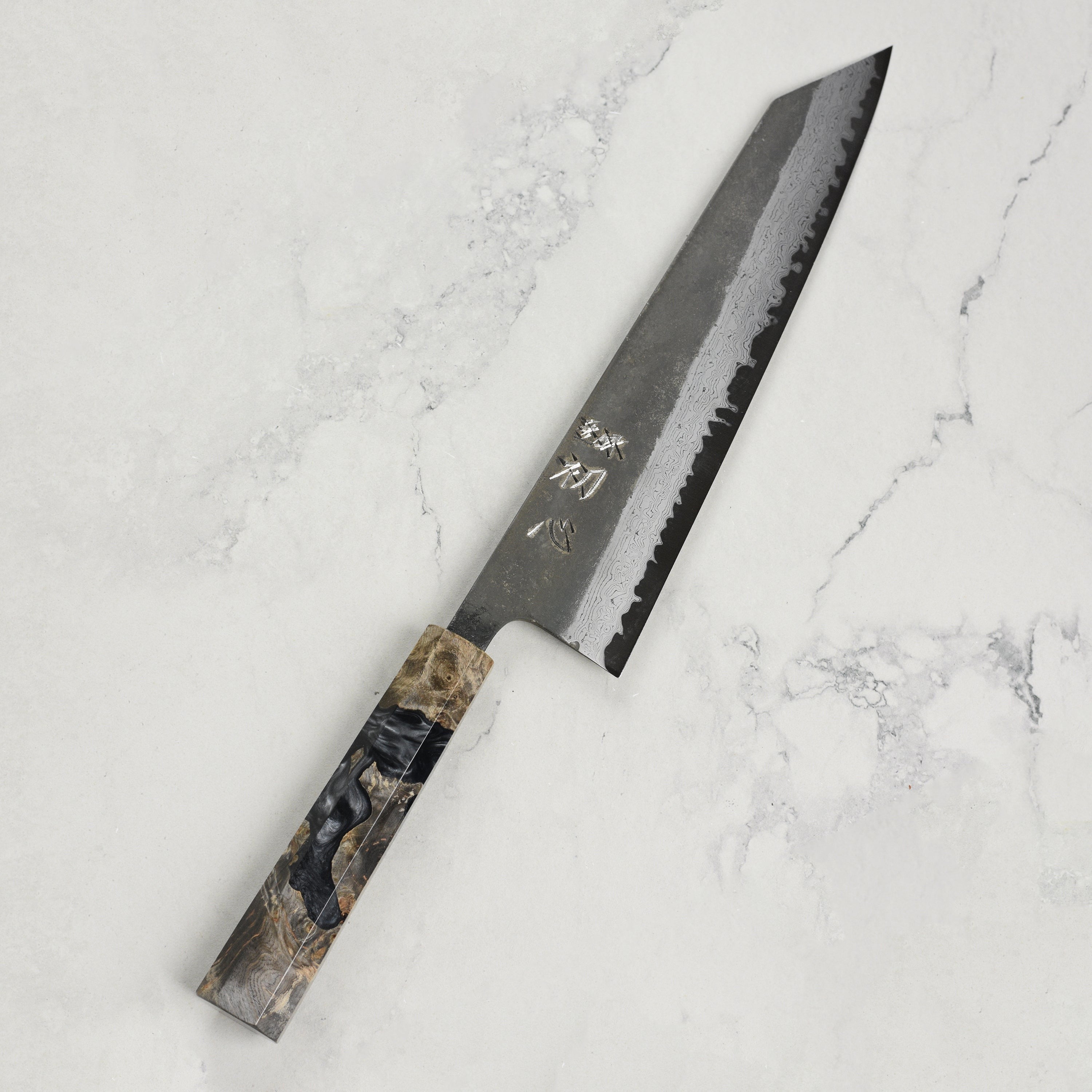 Hatsukokoro Shinkiro Aogami Super Kurouchi Damascus 9.4" Kiritsuke, Stabilized Birch