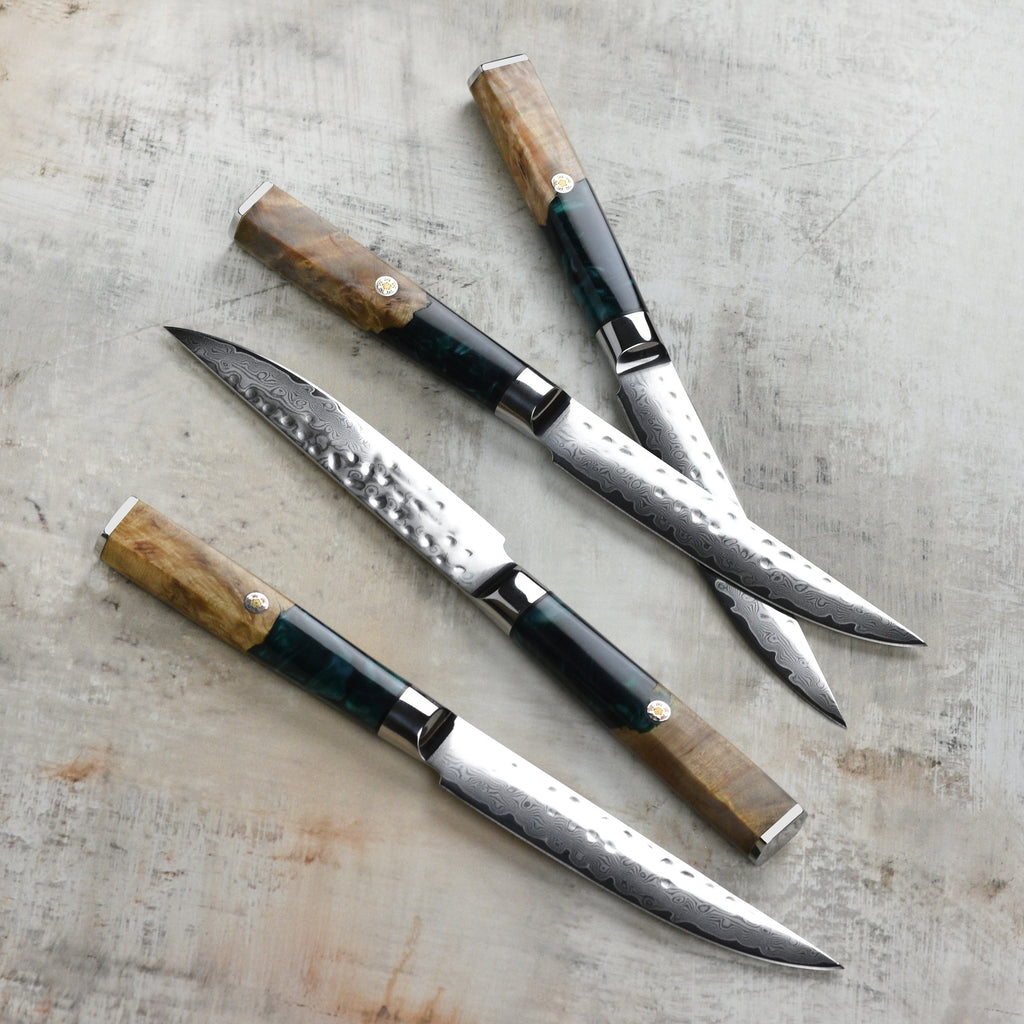 Nexus 4 Piece Damascus Steak Knife Set, Teal Resin & Stabilized Wood