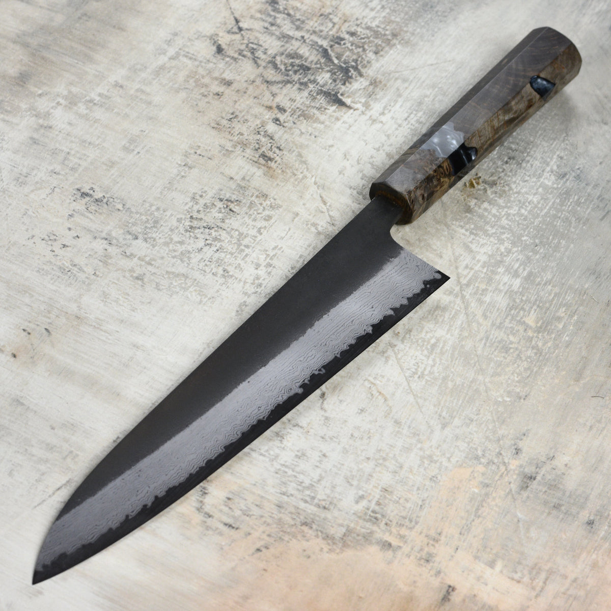 Hatsukokoro Shinkiro Aogami Super Kurouchi Damascus 9.4" Gyuto, Stabilized Birch
