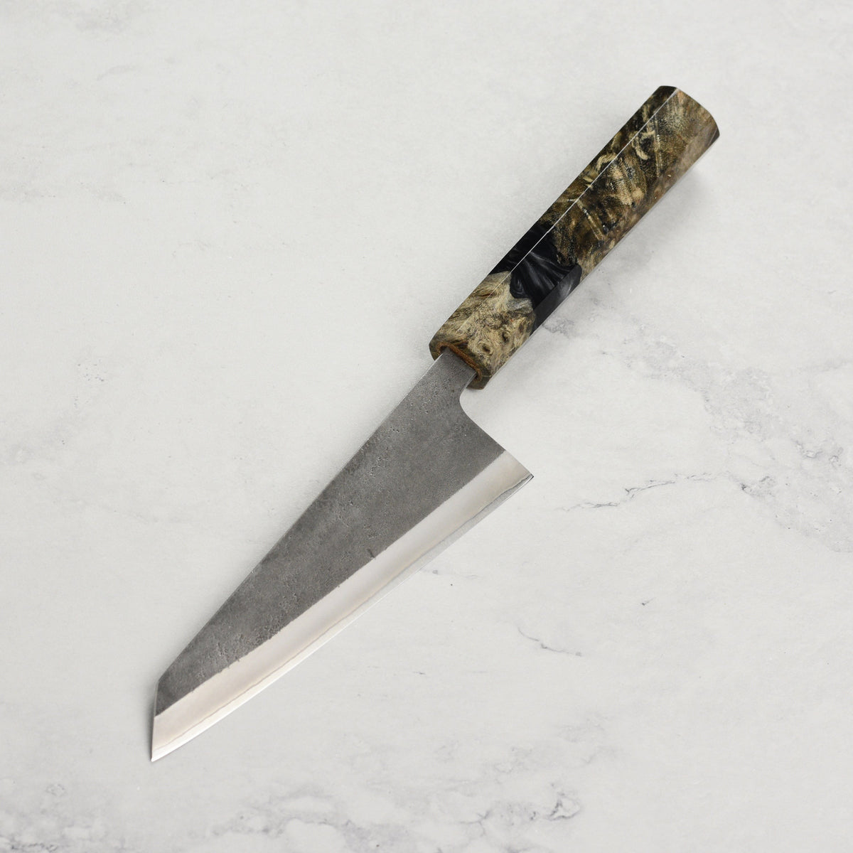 Yoshikane Shirogami #2 Kurouchi Stainless Clad 5.9" Honesuki, Stabilized Birch