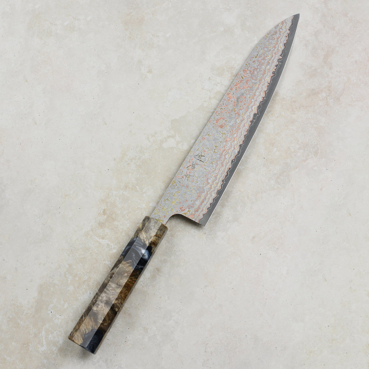 Saji Rainbow Damascus Nashiji 9.4" Gyuto, Stabilized Birch