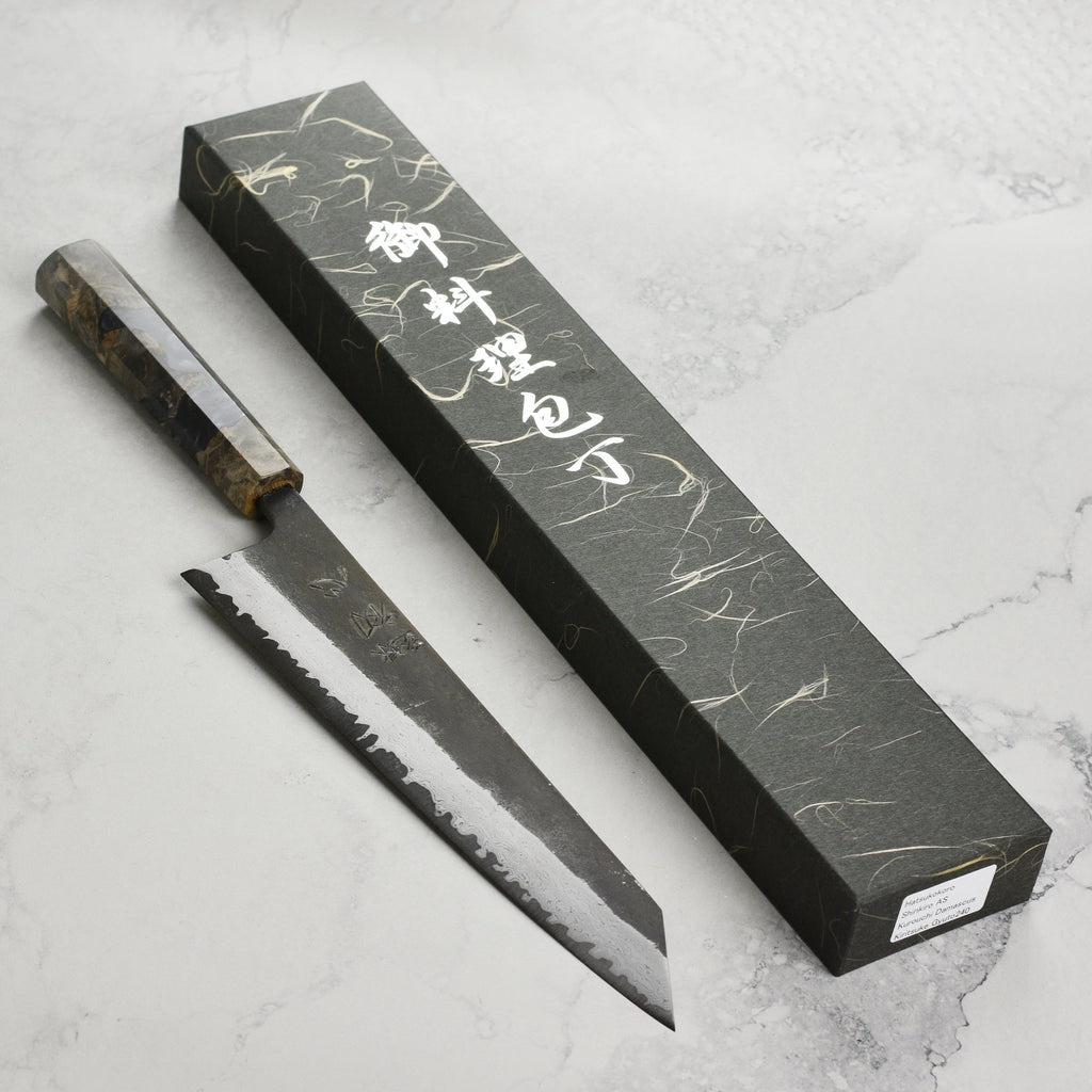 Hatsukokoro Shinkiro Aogami Super Kurouchi Damascus 9.4" Kiritsuke, Stabilized Birch
