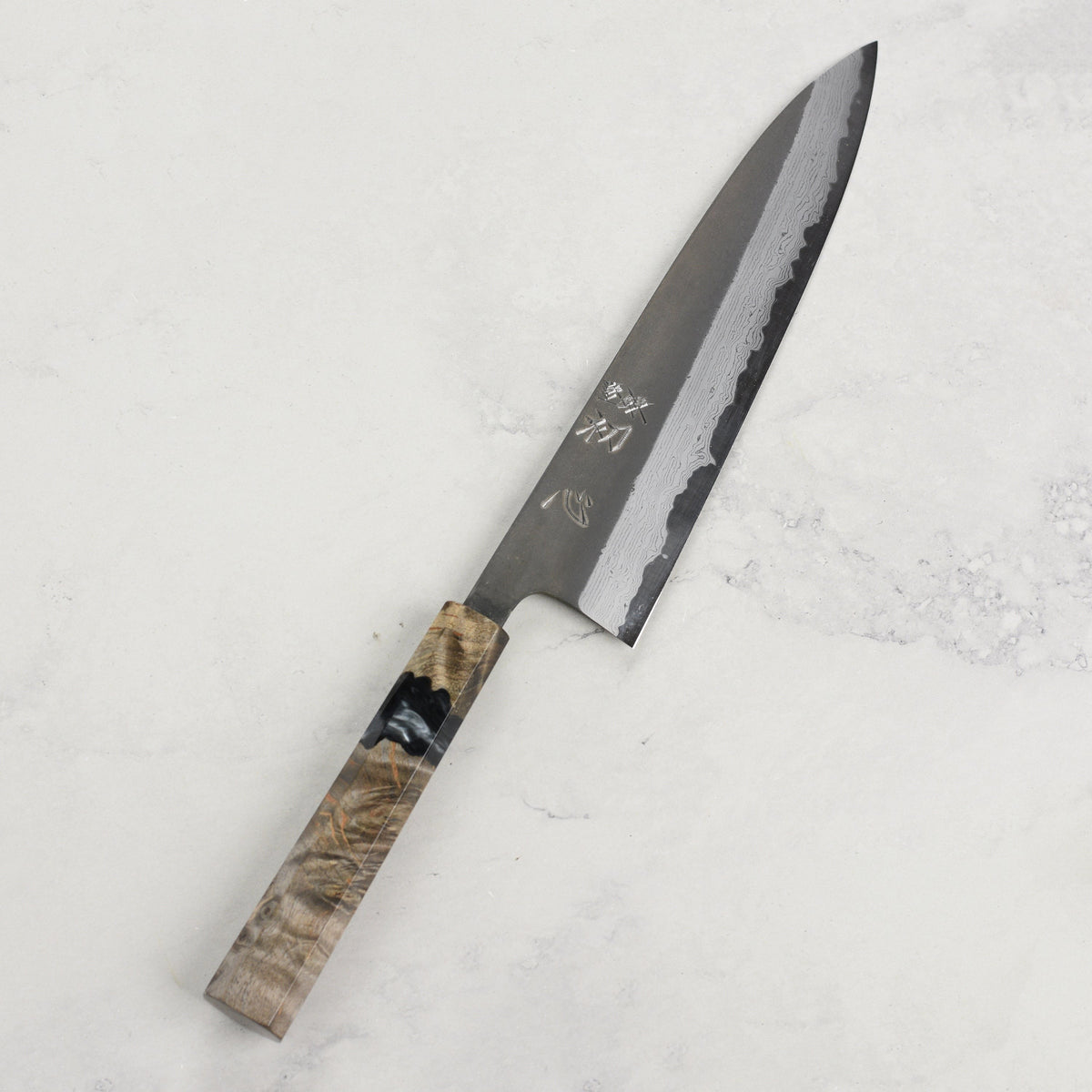 Hatsukokoro Shinkiro Aogami Super Kurouchi Damascus 8.25" Gyuto, Stabilized Birch